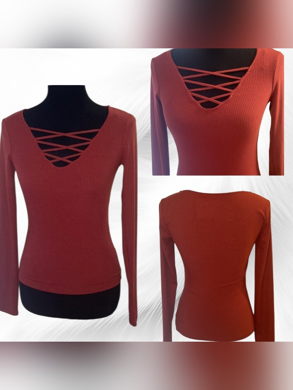 Aeropostale Rust Red Crisscross Ribbed Long Sleeve Top